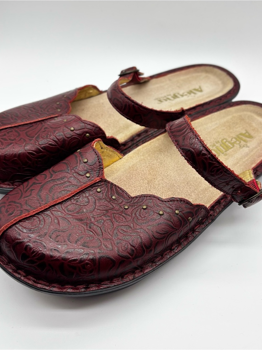 Algeria Tuscany Tooled Oxblood Leather Slip On Clogs 41 Academia Cottage 10.5-11 - Picture 4 of 7